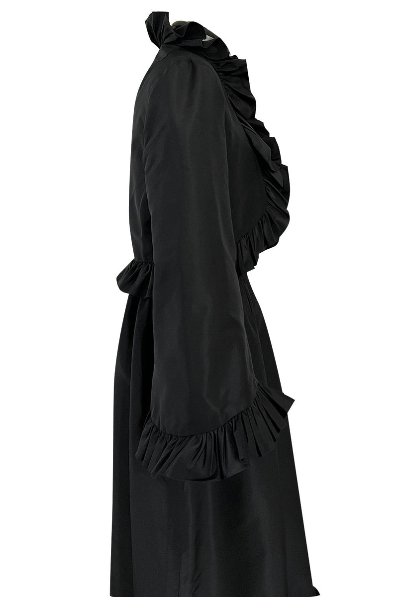 Dreamy 1970s Valentino Black Silk Wide Ruffled Hem Dress w Matching Wide Bell Sleeve Cropped Jacket