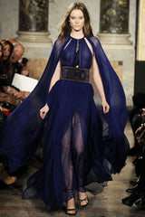 Exceptional Fall 2010 Emilio Pucci by Peter Dundas Look 42 Blue Silk Chiffon Caped Dress