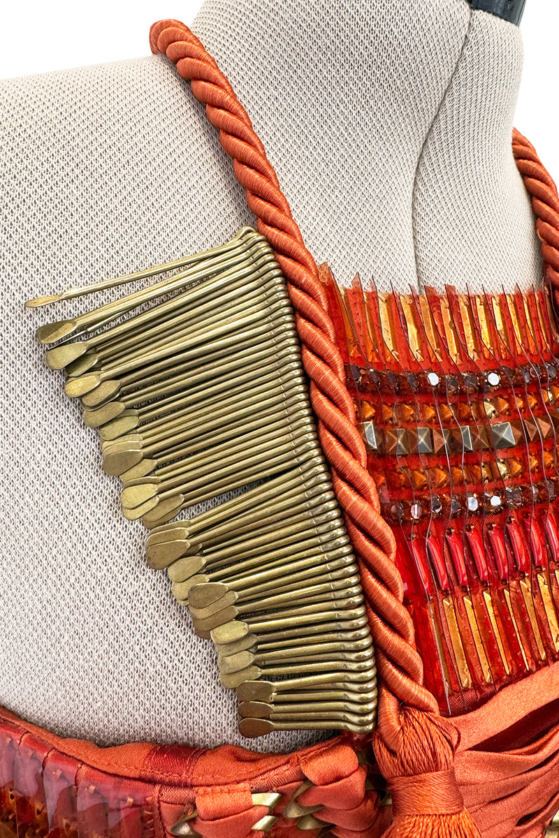 Iconic Spring 2011 Gucci by Frida Giannini Runway Look 41 Burnt Orange Silk Cord, Brass & Feather Dress
