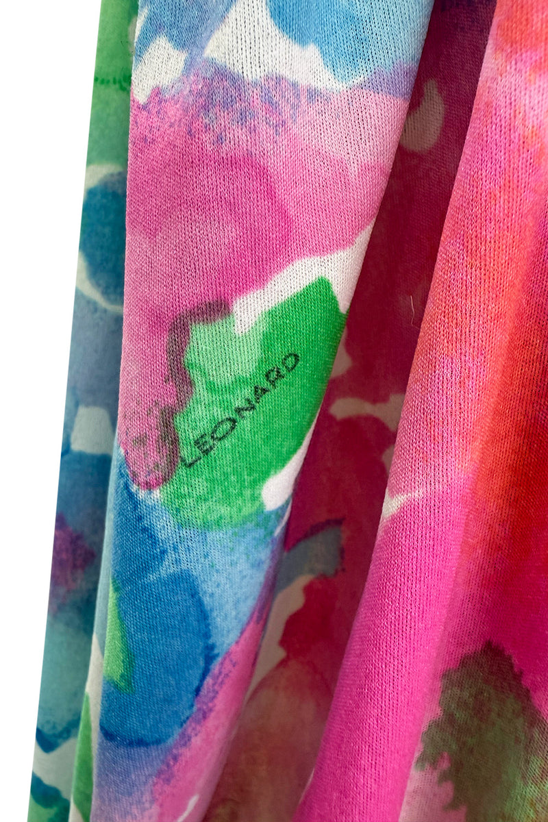 Prettiest 1970s Leonard Washed Floral Pastel Print Silk JerseyEasy -to-Wear Elastic Off Shoulder Dress