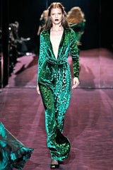 Beautiful Fall 2012 Gucci by Frida Giannini Runway Look 35 Deep Green Velvet Dress w Leopard Pattern