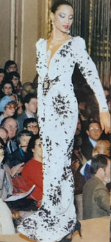 Fantastic Spring 1982 Yves Saint Laurent Haute Couture Runway Unlabeled Black & White Print Plunge Dress