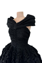 Exceptional Spring 1988 Christian Lacroix Demi-Couture Luxe Label Black Pouf Dress w Attached Shoulder Piece