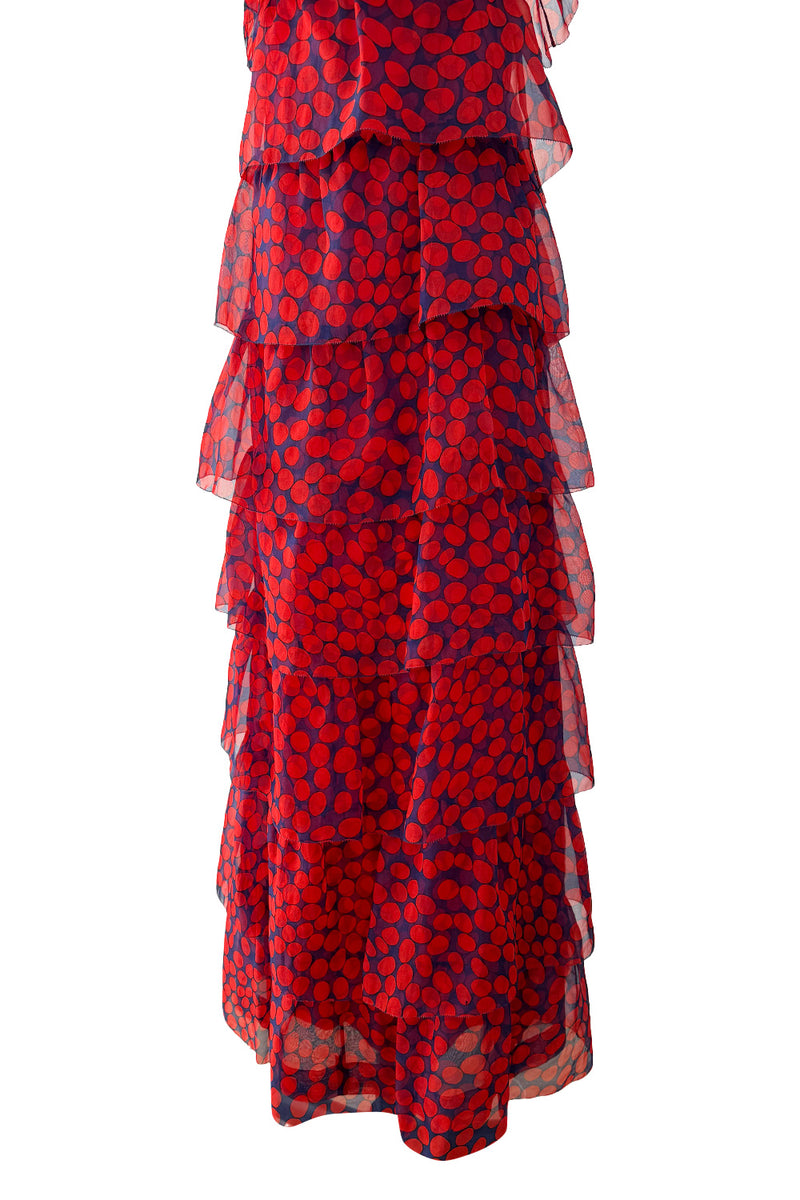 Gorgeous 1970s Givenchy Blue & Red Dot Tiered Silk Organza Ruffle Dress