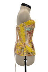 Very Rare Spring 2003 Roberto Cavalli Printed Silk & Net Boned Corset & Red Sequin Mini Skirt Set