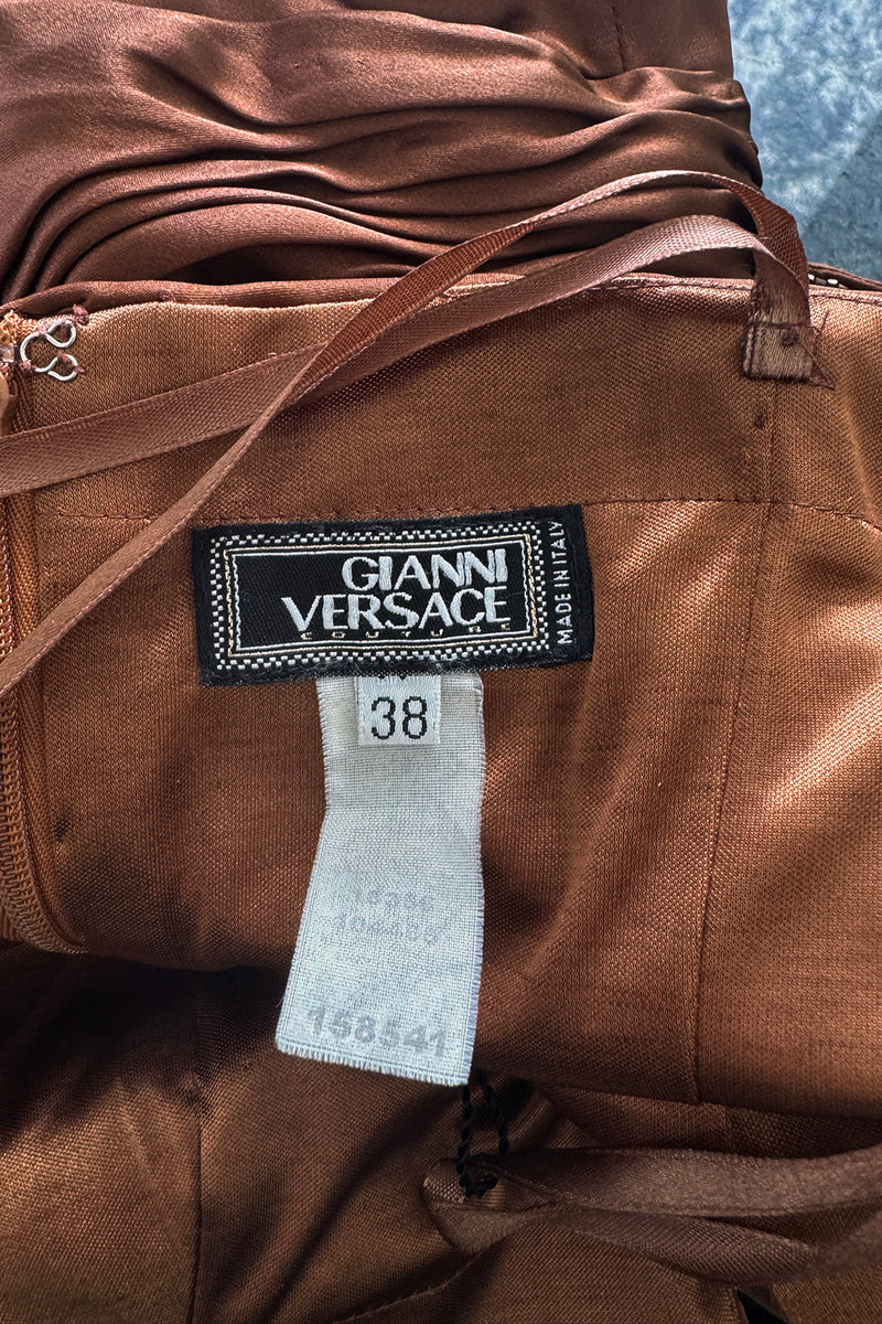 Chic 2000s Gianni Versace Bronze Gathered Silk Bodice Dress w an Elaborately Beaded Cut Out Front & Sweepimng Back