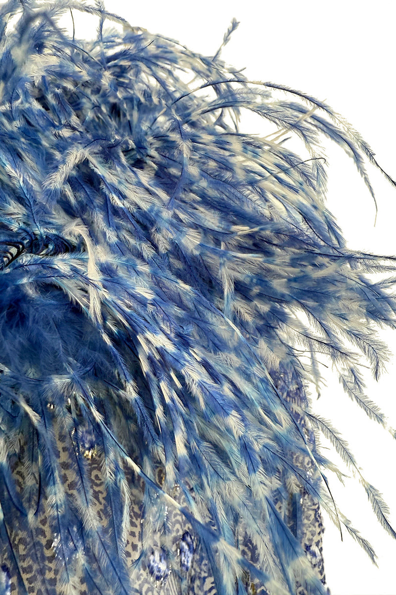 1970s Unlabeled Printed Silk Chiffon Dress w Gold & Silver Thread & Feather Collar & Cuffs
