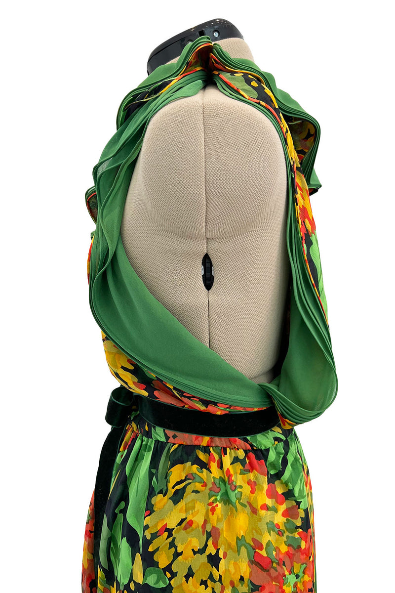 Prettiest 1970s James Galanos Couture Weightless One Shoulder Floral Silk Chiffon Dress