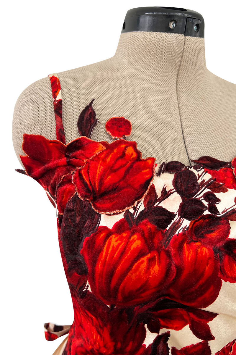 Rare & Beautiful 1950s Philip Hulitar Couture Dress w Fused Velvet Roses on a Rich Ivory Silk