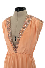 Documented 1960s Tiziani Couture by Karl Lagerfeld Peach Silk Plunge Dress w Matching Feather Cape