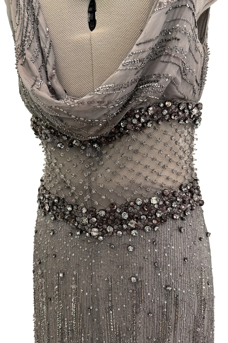 2010s Valentino by Pierpaolo Piccioli & Maria Grazia Chiuri Sequin & Rhinestone Embellished Deep Silver Silk Dress