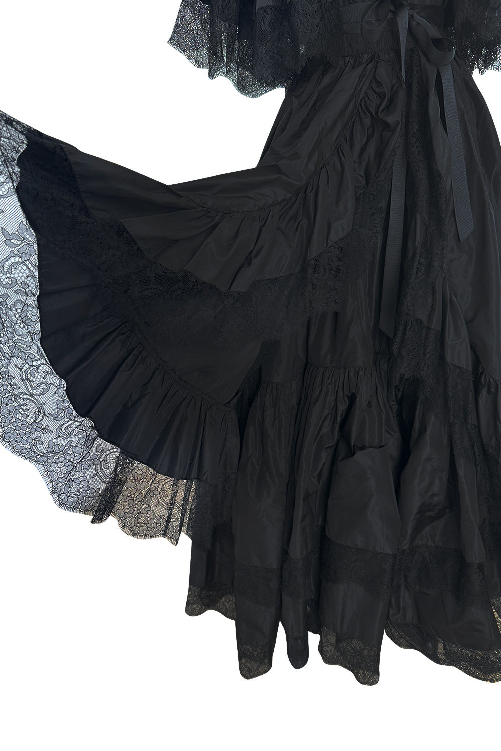 Dramatic 1970s Louis MiesOff Shoulder Haute Couture Silk Dress w Hand Made Lace & Full Skirt