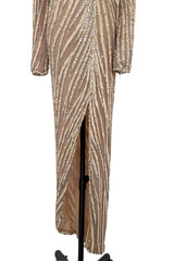 Incredible & Rare 1980s Bob Mackie Well Documented Ivory Sequin & Nude Stretch Net High Slit Dress