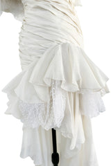 Spring 1988 Emanuel Ungaro Haute Couture Ivory Silk, Silk Net & Dotted Tulle One Shoulder Trained Mini Dress