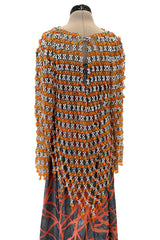 Ultra Rare 1990s Paco Rabanne Haute Couture Metallic Silver & Coral Dress w Chainlink Top & Headpiece