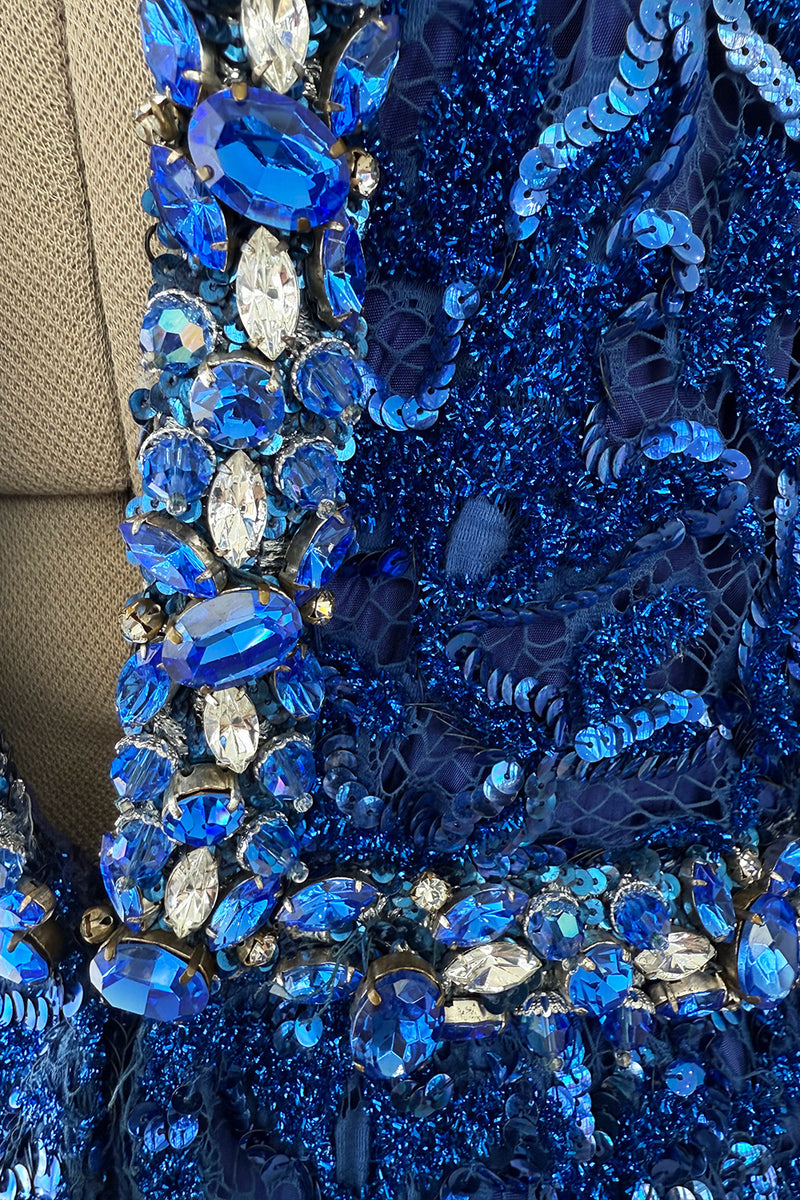 Documented 1970 Oscar de la Renta Brilliant Blue Sequin & Rhinestone Plunge Dress