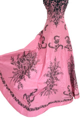Exceptional Spring 2004 Oscar de la Renta Runway Look 39 Strapless Pink Silk w Black Embroidery & Beads