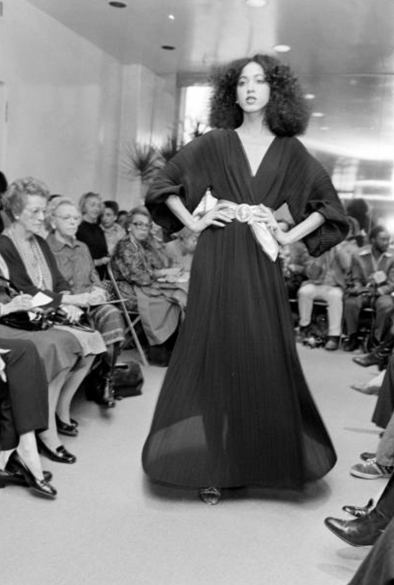 Incredible Spring 1978 Halston IV Plunged & Pleated Black Wrap Runway Dress w Balloon Sleeves