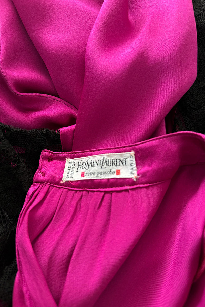 Flapper Inspired 1980s Yves Saint Laurent Easy Fit Brilliant Pink Silk Dress w Black Floral Lace Sleeves