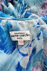 Dreamy 1970s Pierre Cardin Blue Floral Print Silk Chiffon Dress w Long Angel Sleeves