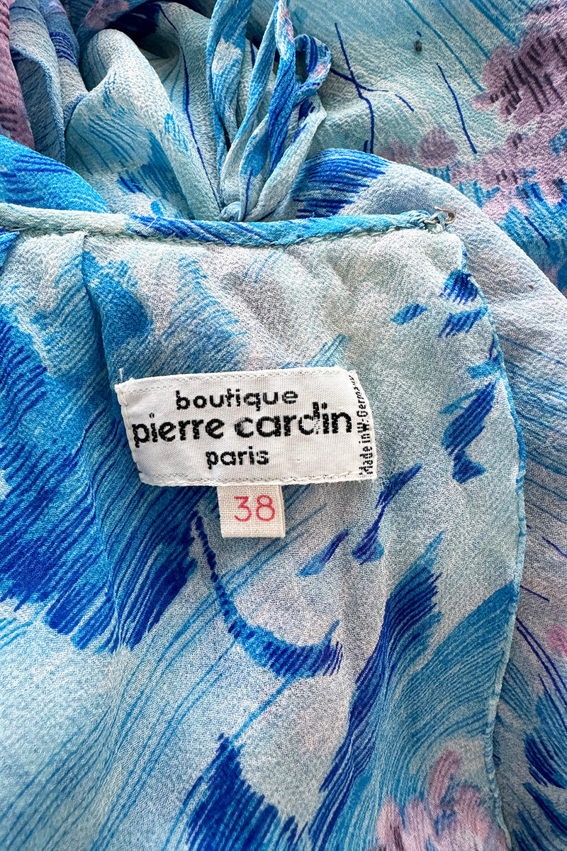 Dreamy 1970s Pierre Cardin Blue Floral Print Silk Chiffon Dress w Long Angel Sleeves