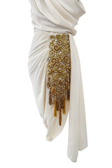 Spring 1990 Hubert de Givenchy Haute Couture Runway Ivory Silk Dress w Gold Metal Detailing