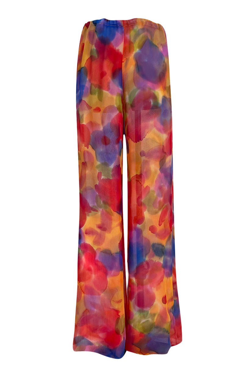 1970s Galanos Couture Silk Chiffon Pant & Over Dress Set w Metallic Lace Detailing