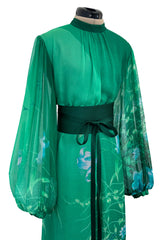 Stunning 1970s Hanae Mori Green Extensive Floral Print Green Silk Chiffon Dress w Balloon Sleeves & Belt