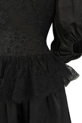 Romantic 1980s Oscar de la Renta Backless Black Silk & Lace Dress w Killer Pouf Sleeves