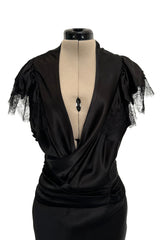 Iconic Fall 2005 John Galliano Black Silk Bias Cut Dress w Plunge Front & Lace Trimmed Cap Sleeves