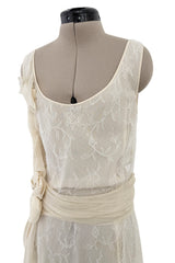 Fall 2007 John Galliano Ivory Silk Chiffon & Lace Dress w Silk Rosettes