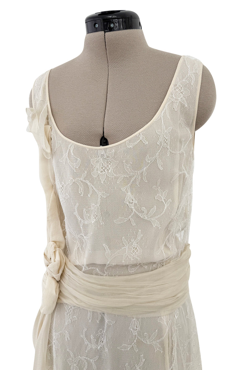 Fall 2007 John Galliano Ivory Silk Chiffon & Lace Dress w Silk Rosettes