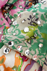 Beautiful Spring 1974 Pauline Trigere Runway Floral Print Dress w Rhinestone Detailing
