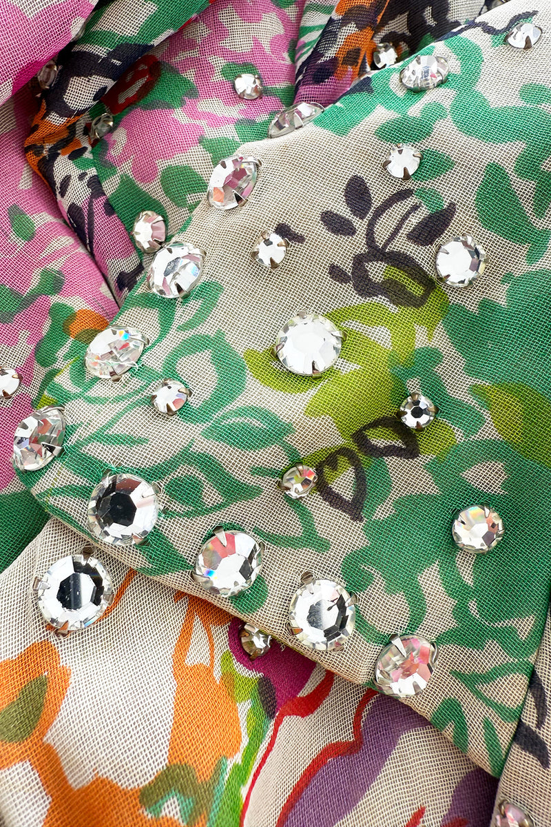 Beautiful Spring 1974 Pauline Trigere Runway Floral Print Dress w Rhinestone Detailing
