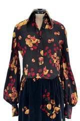 Incredible c. 1972 Original Valentino Three Piece Acorn Print Silk Top, Velvet Skirt & Jacket Set