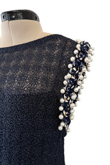 Phenomenal Fall 2010 Chanel by Karl Lagerfeld Deep Blue & Silver Metallic Knit Dress w Glass Pearl Detailing