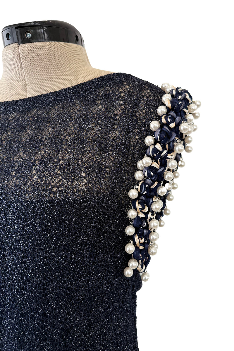 Phenomenal Fall 2010 Chanel by Karl Lagerfeld Deep Blue & Silver Metallic Knit Dress w Glass Pearl Detailing