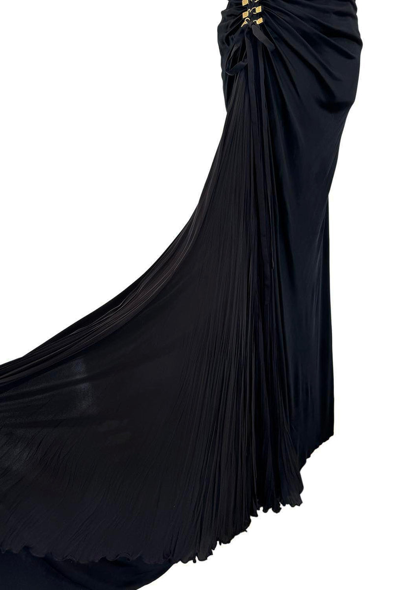 Outstanding Spring 2006 Roberto Cavalli Black Silky Jersey Corset Bodice Dress w Gold Hardware Detailing