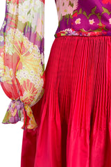 Sensational 1972 Yves Saint Laurent Red Floral Silk Chiffon & Red Silk Dress w Balloon Sleeves & Pleat Detailing