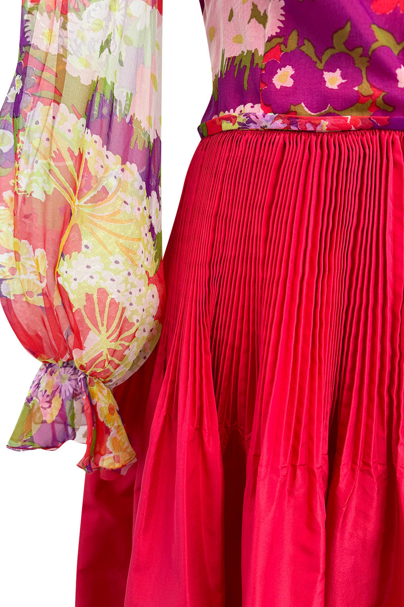 Sensational 1972 Yves Saint Laurent Red Floral Silk Chiffon & Red Silk Dress w Balloon Sleeves & Pleat Detailing
