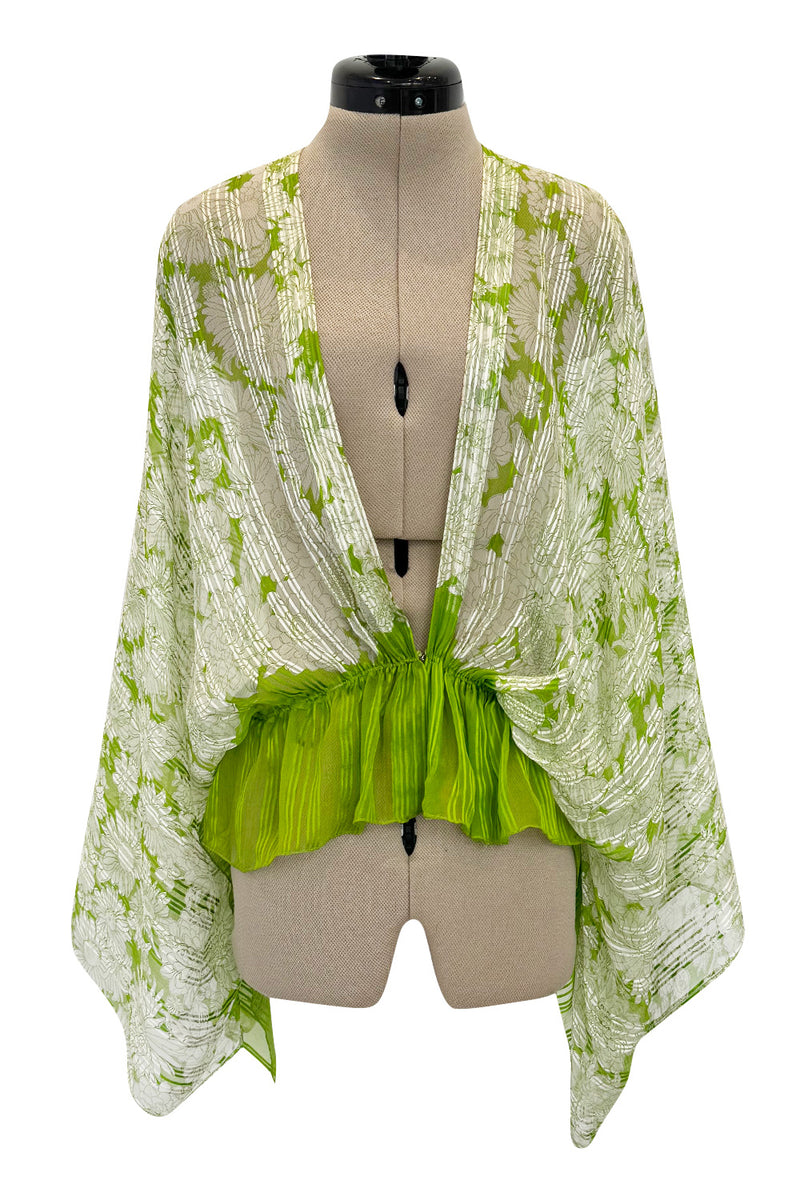 Fantastic 1970s Pauline Trigere Two Piece Green Silk Chiffon  Plunge Top & Wide Leg Pant Set