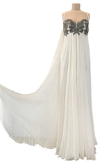 Incredible 2022 Alexander McQueen by Sarah Burton Ivory Silk Chiffon Dress w Heavily Detailed Bodoice