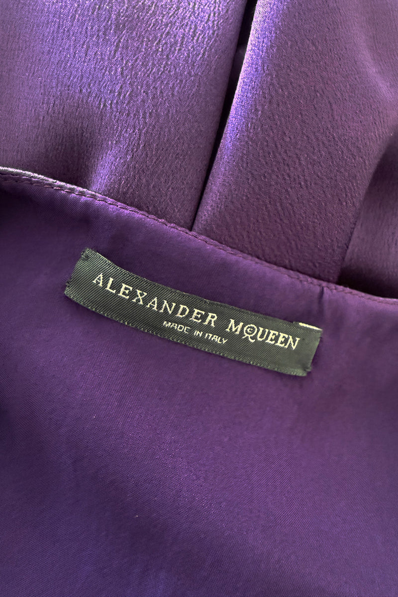 Minimalist Spring 2008 Alexander McQueen Purple Bias Cut Silk Dress w Front Plunge & Knot Detailing