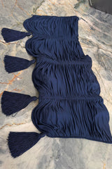 Fall 1985 Yves Saint Laurent Runway & Ad Campaign Blue Silk Jersey Tasselled Corset & Skirt Set