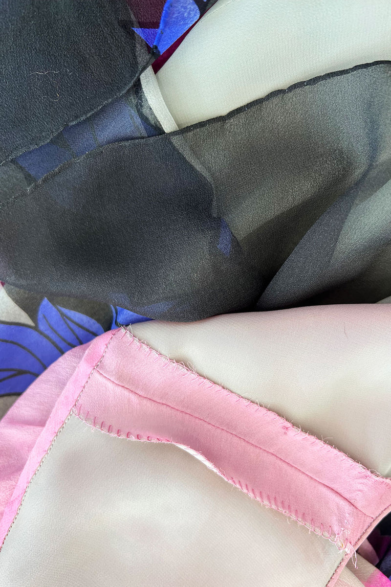 Romantic 1970s Hanae Mori Huge Pink Floral Print Silk Chiffon Dress w Grey Scale Backdrop