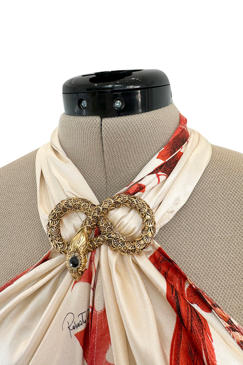 Spectacular Spring 2007 Roberto Cavalli Ivory & Coral Print Bias Cut Silk Dress w Twisted Halter Front & Low Back