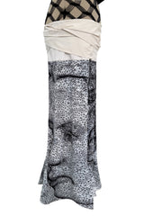 Fantastic Spring 2001 Jean Paul Gaultier Runway Multi Length Mesh Band Dress w Jersey Face Print Skirt