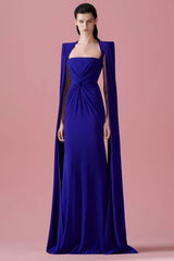 Spring 2020 Alex Perry Runway Brilliant Blue Dress w Twist Front & to the Floor Caped Sleeves