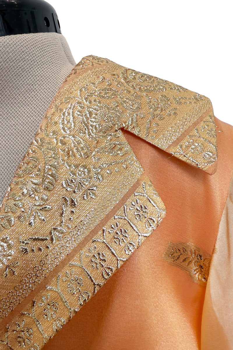 Prettiest 1960s Oscar De La Renta Peach Iridescent Silk Organza Dress w Gold Thread Detailing