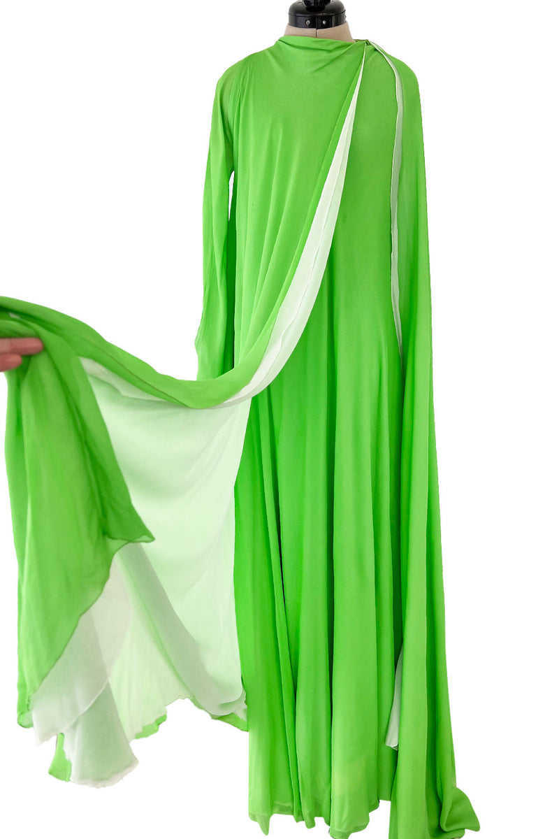 Gorgeous 1970s George Stavroploulos Couture Green Silk Chiffon Caftan Dress